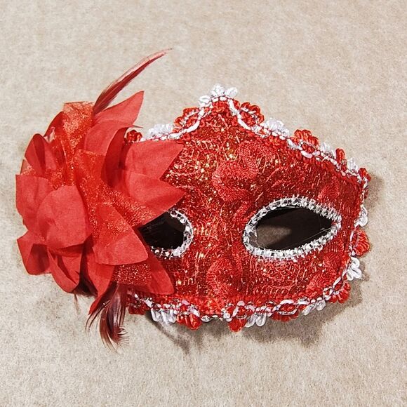 Venetian His and Hers Masquerade Matching Couples Red Black Mask Set #9 - Picture 3 of 6